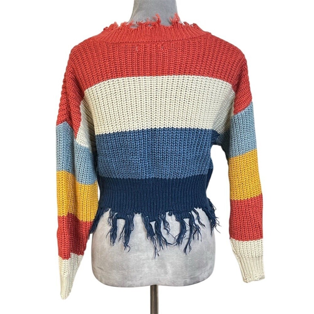 Coco + Jaimeson Cropped Stripped Sweater S Multicolor Fringe Hem Spring Cozy - Picture 4 of 9